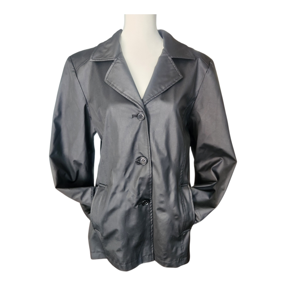 GIACCA Women's Black Lightweight Button- Front Tailored Raincoat‎ / Blazer M